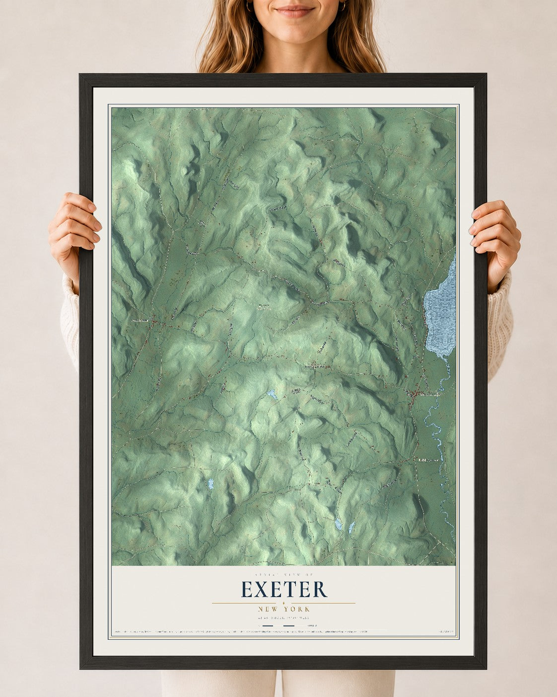 Exeter, New York map print, 24" x 36" W/ Black Ayous Wood Frame mockup