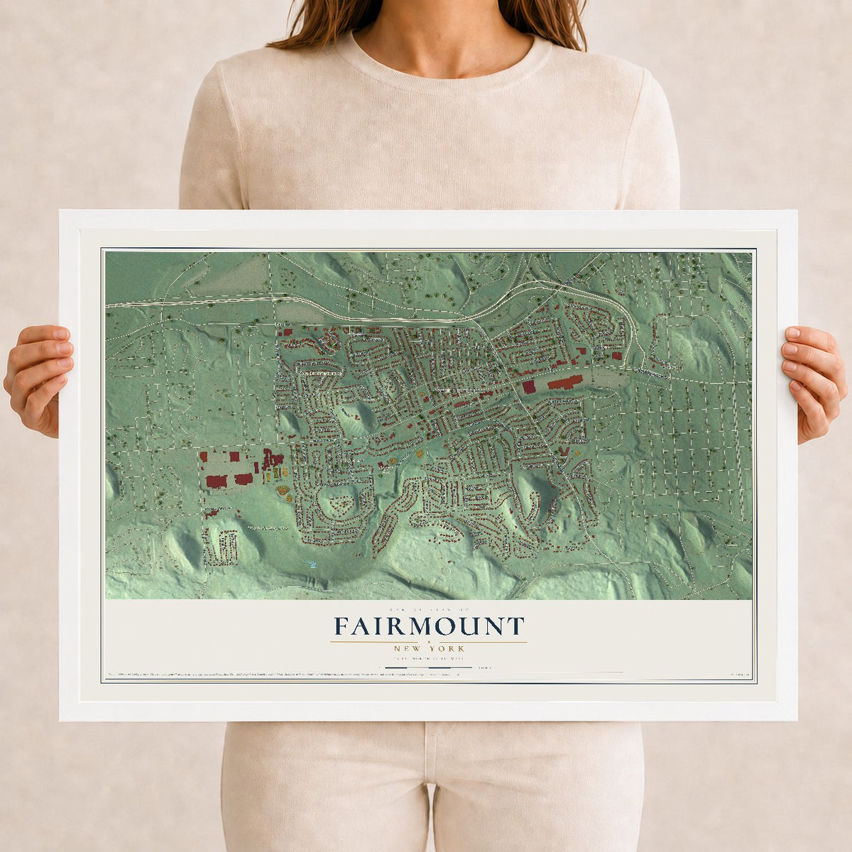 Fairmount, New York map print, 12" x 18" W/ White Ayous Wood Frame mockup