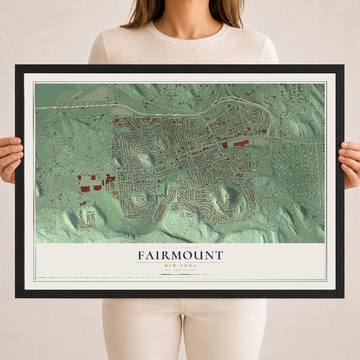 Fairmount, New York map print, 18" x 24" W/ Black Ayous Wood Frame mockup