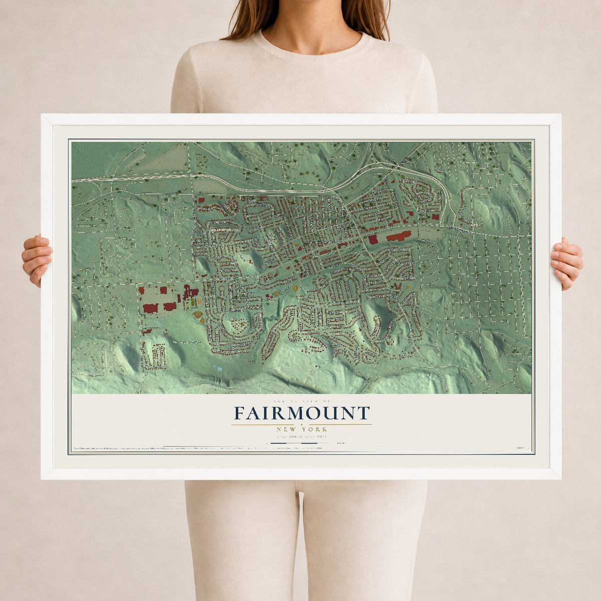 Fairmount, New York map print, 24" x 36" W/ White Ayous Wood Frame mockup