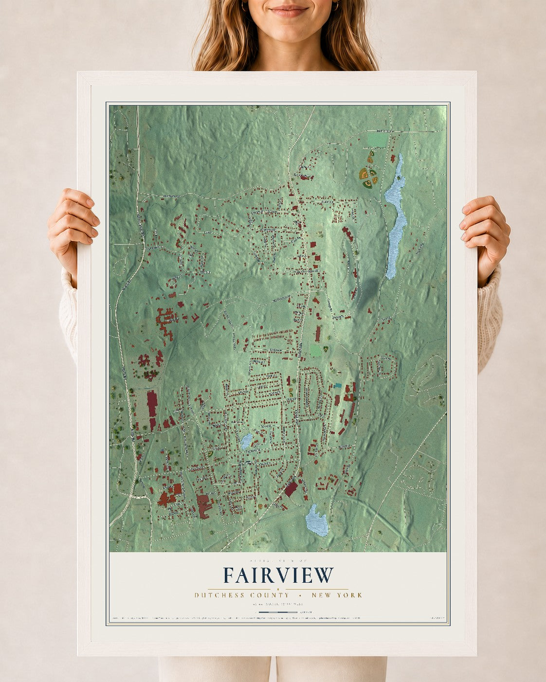 Fairview, New York map print, 24" x 36" W/ White Ayous Wood Frame mockup