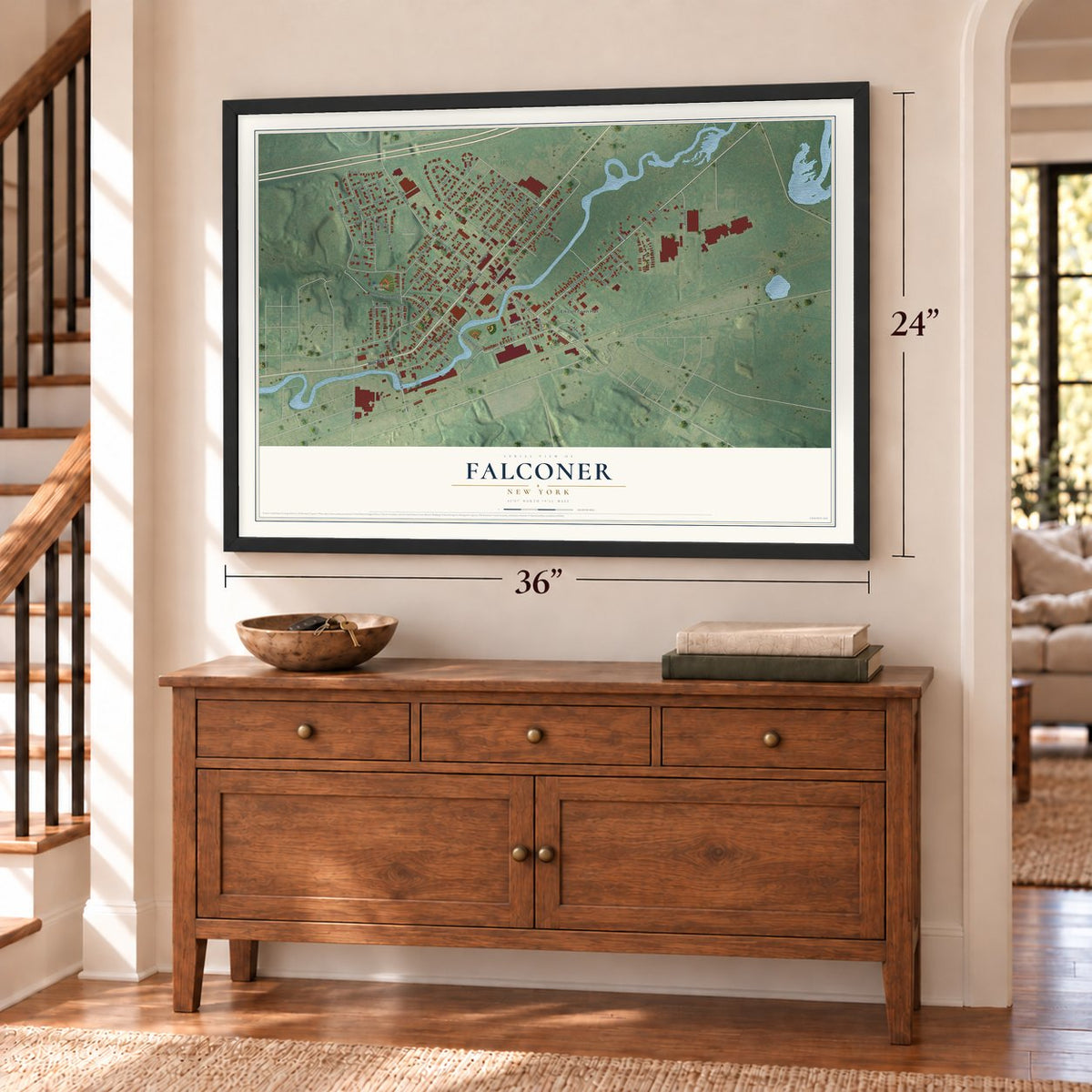 Falconer, New York map, 24 x 36 inch print in a black frame above a dresser by a staircase