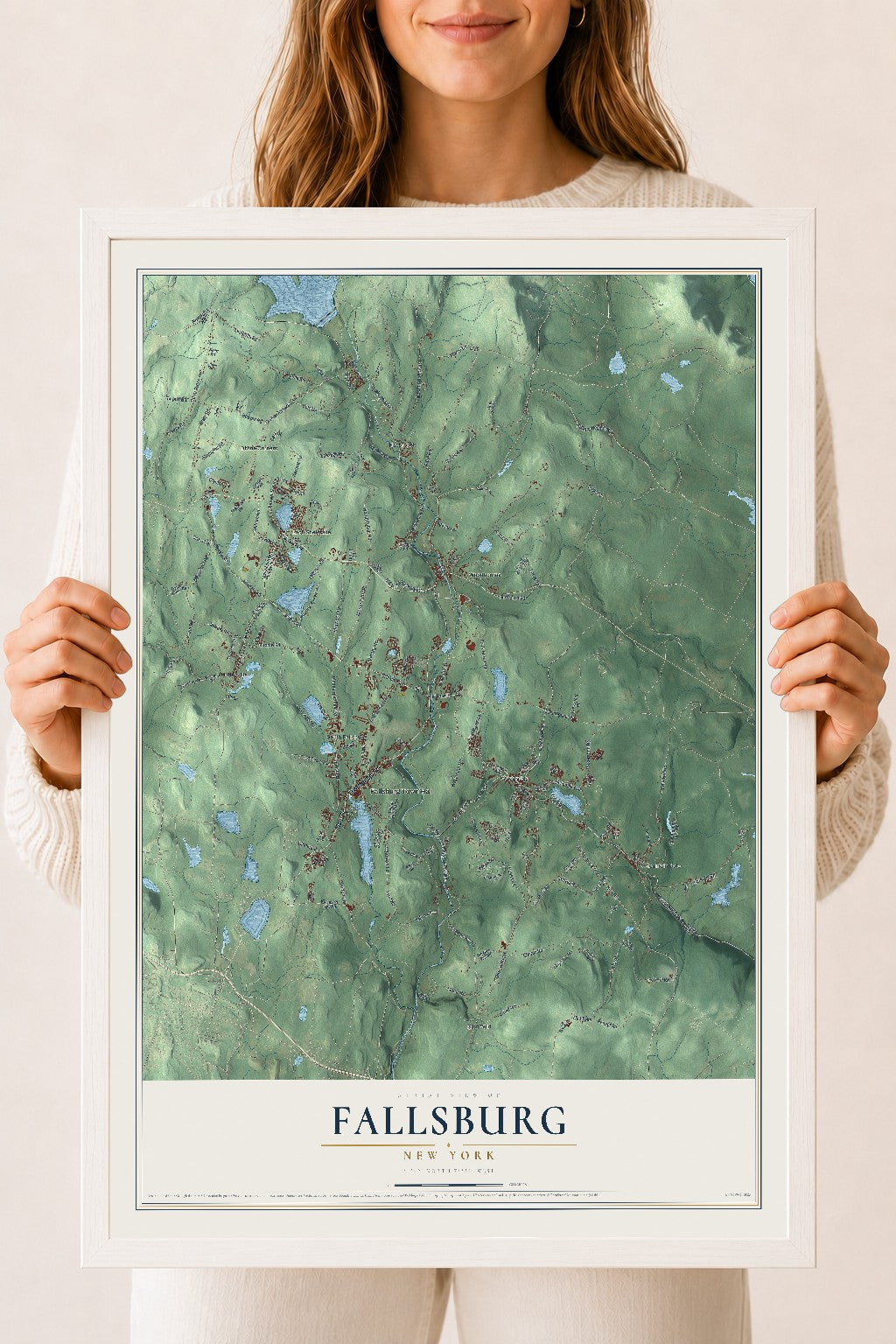 Fallsburg, New York map print, 18" x 24" W/ White Ayous Wood Frame mockup