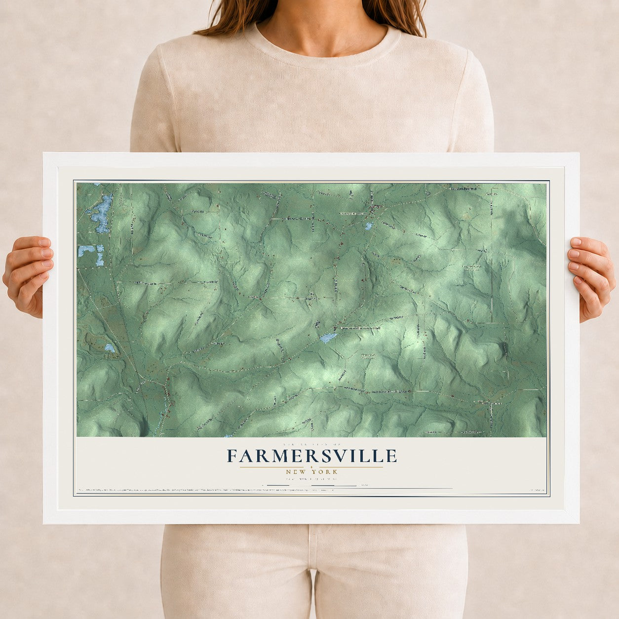 Farmersville, New York map print, 12" x 18" W/ White Ayous Wood Frame mockup
