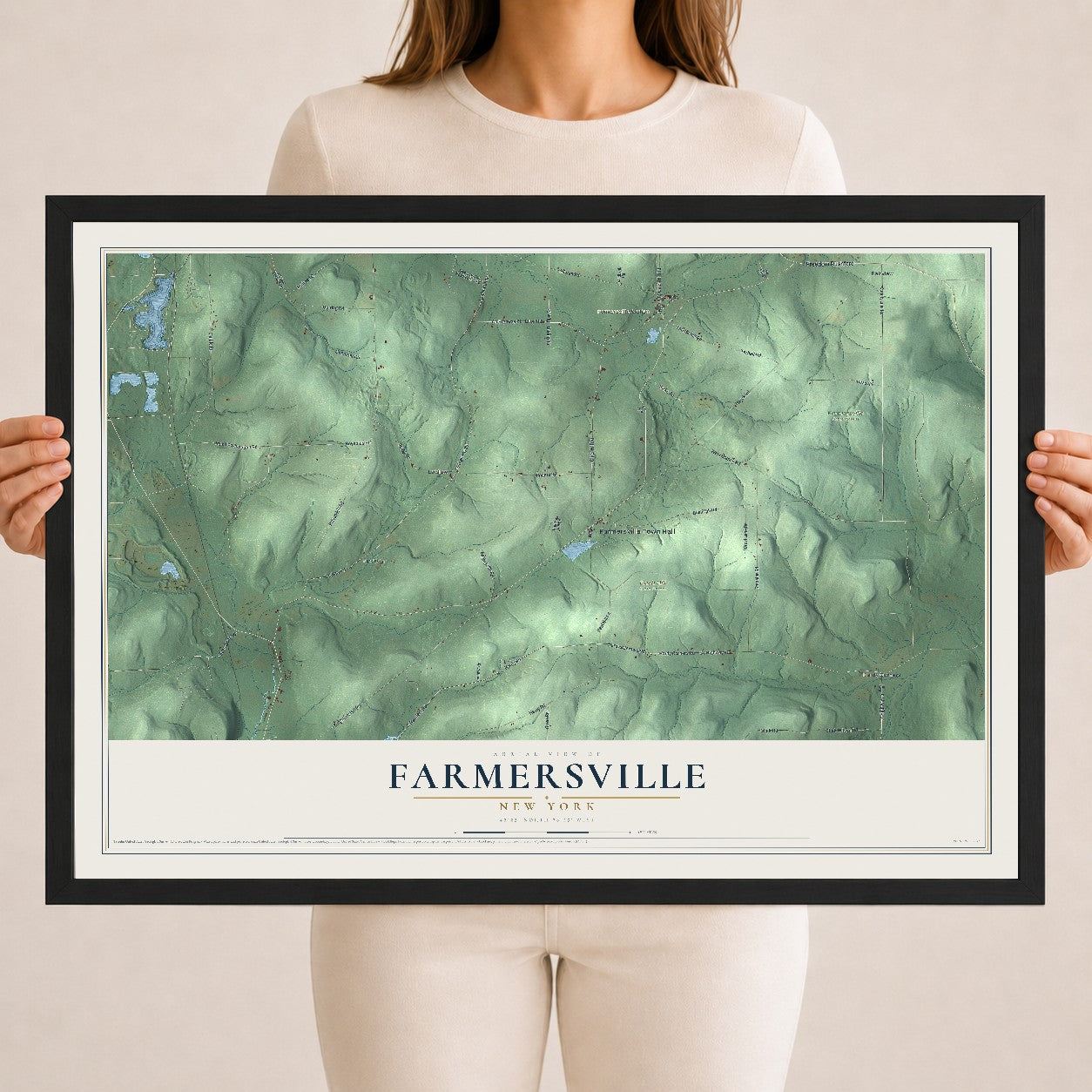 Farmersville, New York map print, 18" x 24" W/ Black Ayous Wood Frame mockup