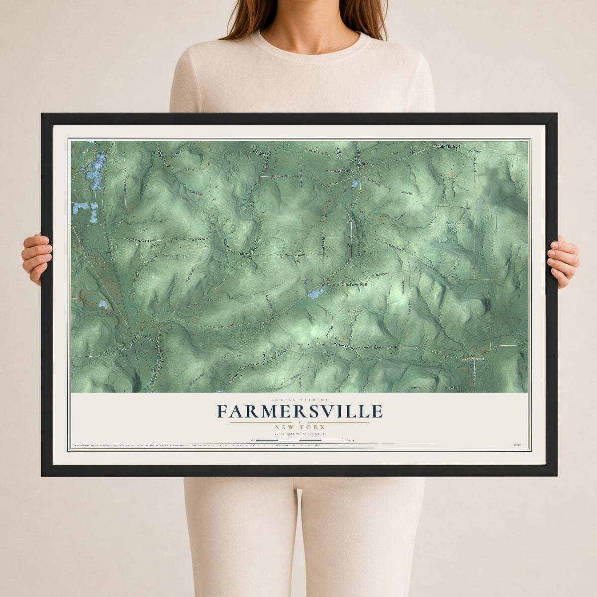Farmersville, New York map print, 24" x 36" W/ Black Ayous Wood Frame mockup