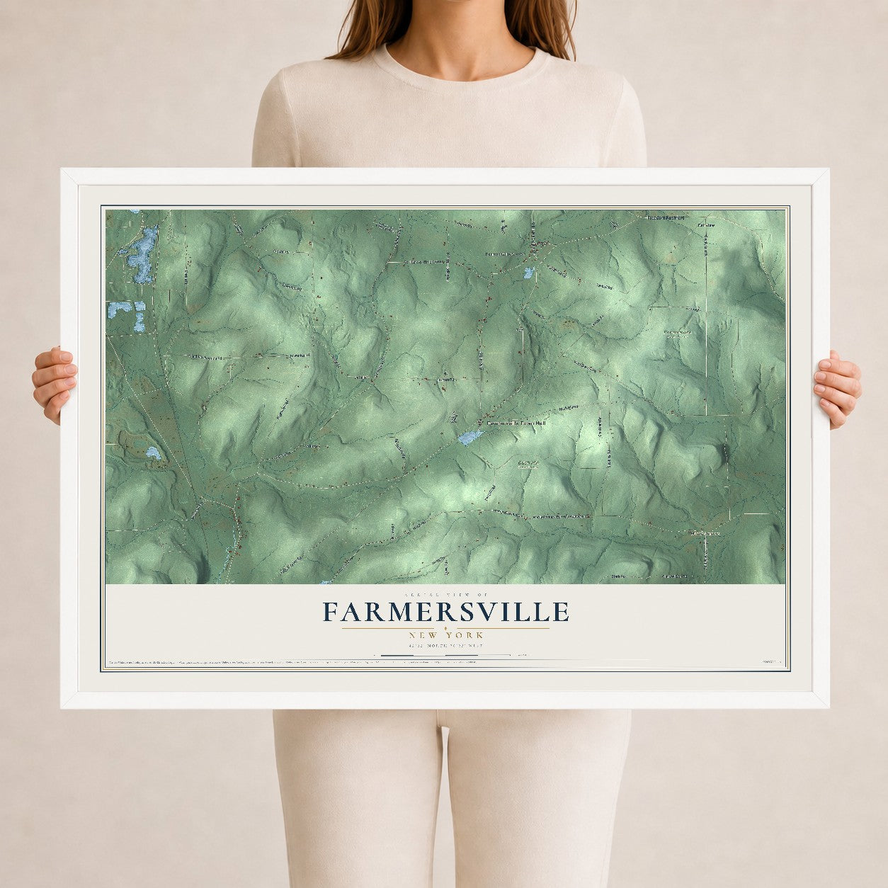 Farmersville, New York map print, 24" x 36" W/ White Ayous Wood Frame mockup
