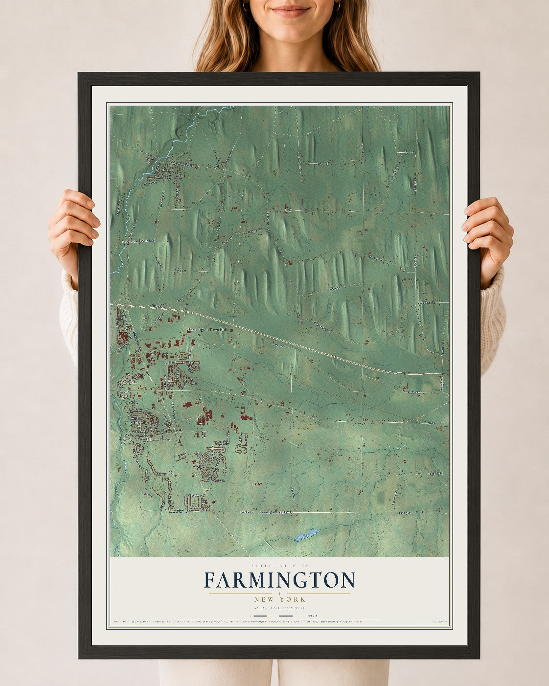 Farmington, New York map print, 24" x 36" W/ Black Ayous Wood Frame mockup