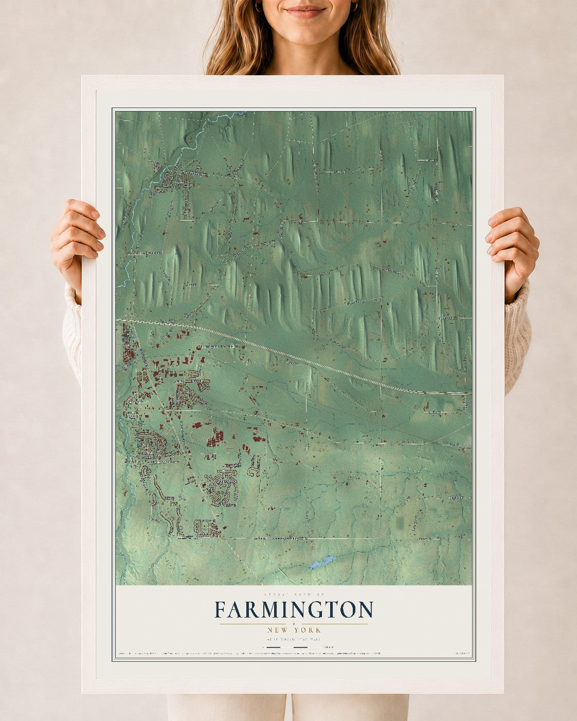 Farmington, New York map print, 24" x 36" W/ White Ayous Wood Frame mockup