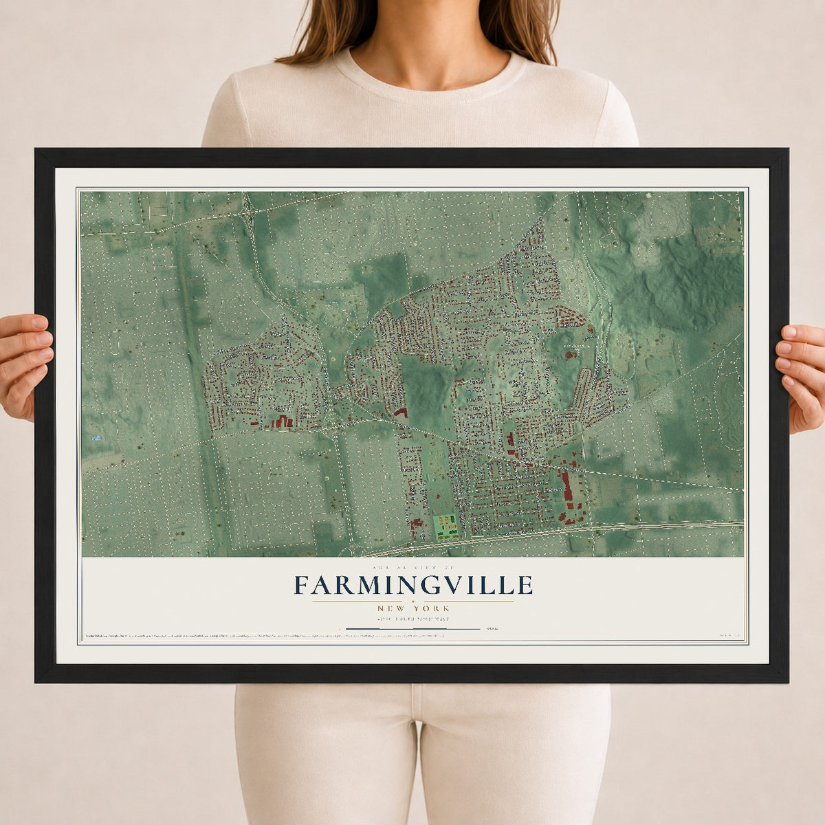 Farmingville, New York map print, 18" x 24" W/ Black Ayous Wood Frame mockup