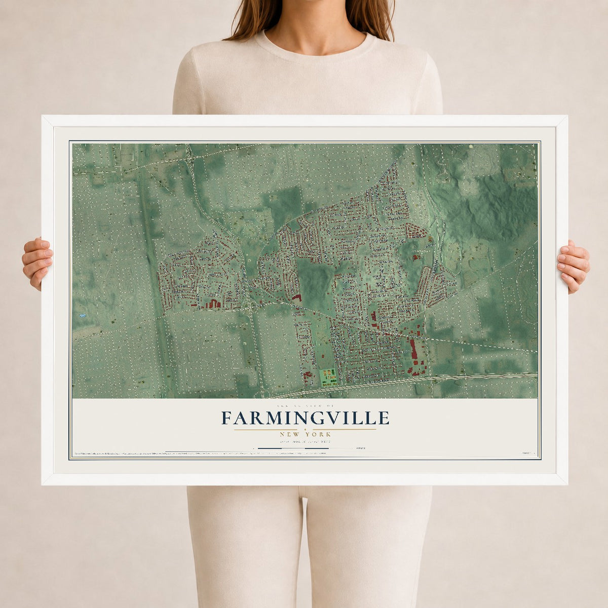 Farmingville, New York map print, 24" x 36" W/ White Ayous Wood Frame mockup