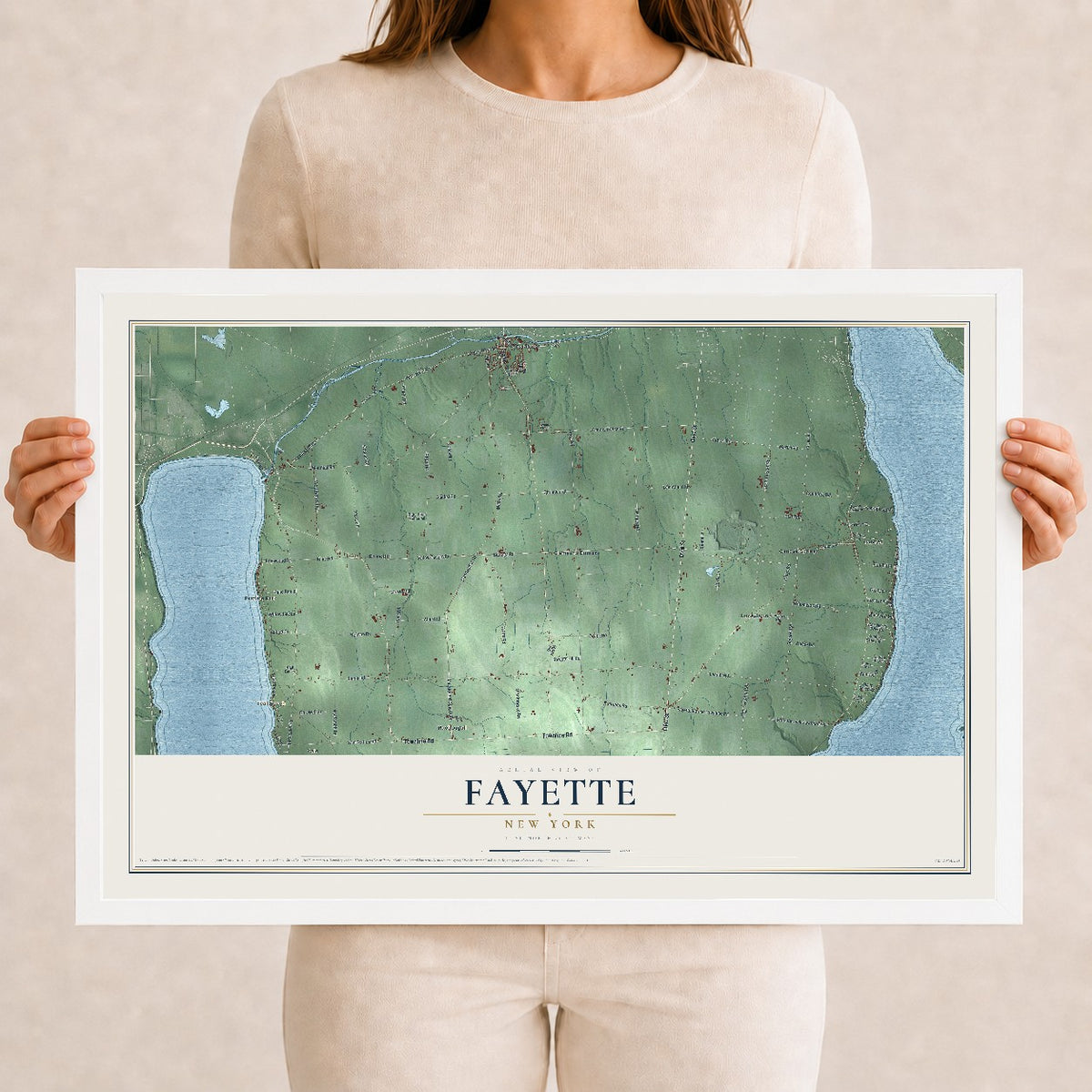 Fayette, New York map print, 12" x 18" W/ White Ayous Wood Frame mockup