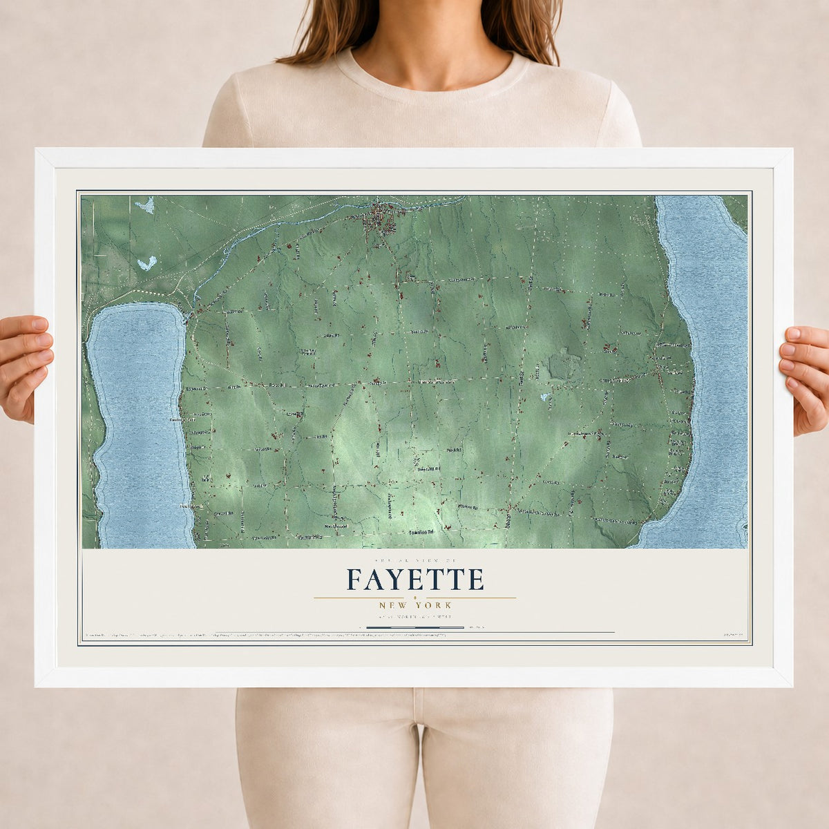 Fayette, New York map print, 18" x 24" W/ White Ayous Wood Frame mockup
