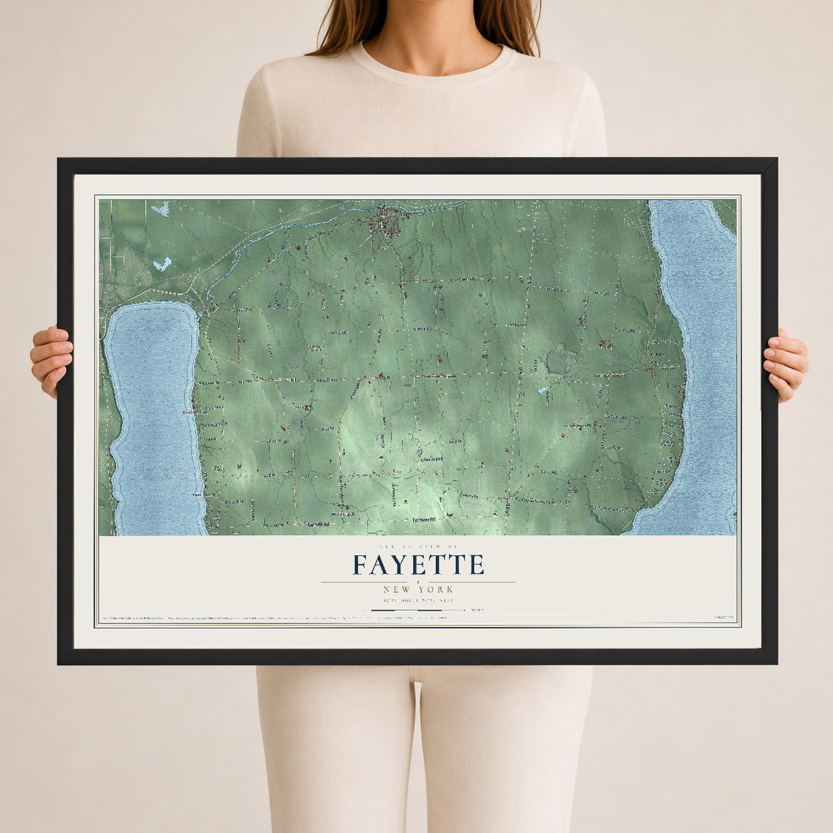 Fayette, New York map print, 24" x 36" W/ Black Ayous Wood Frame mockup