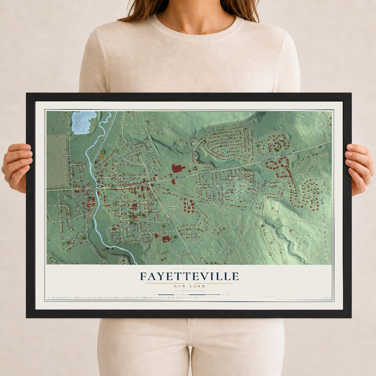 Fayetteville, New York map print, 12" x 18" W/ Black Ayous Wood Frame mockup