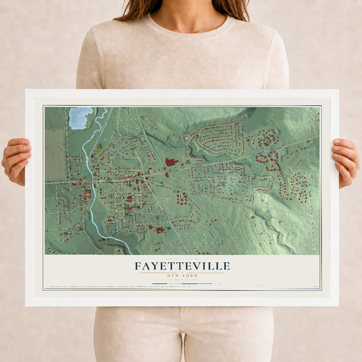 Fayetteville, New York map print, 12" x 18" W/ White Ayous Wood Frame mockup