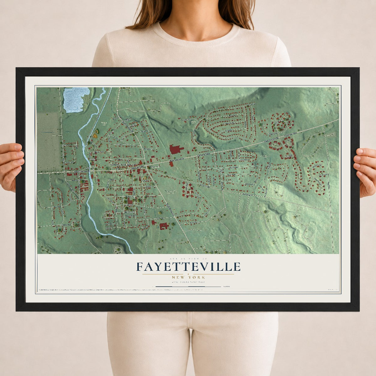 Fayetteville, New York map print, 18" x 24" W/ Black Ayous Wood Frame mockup