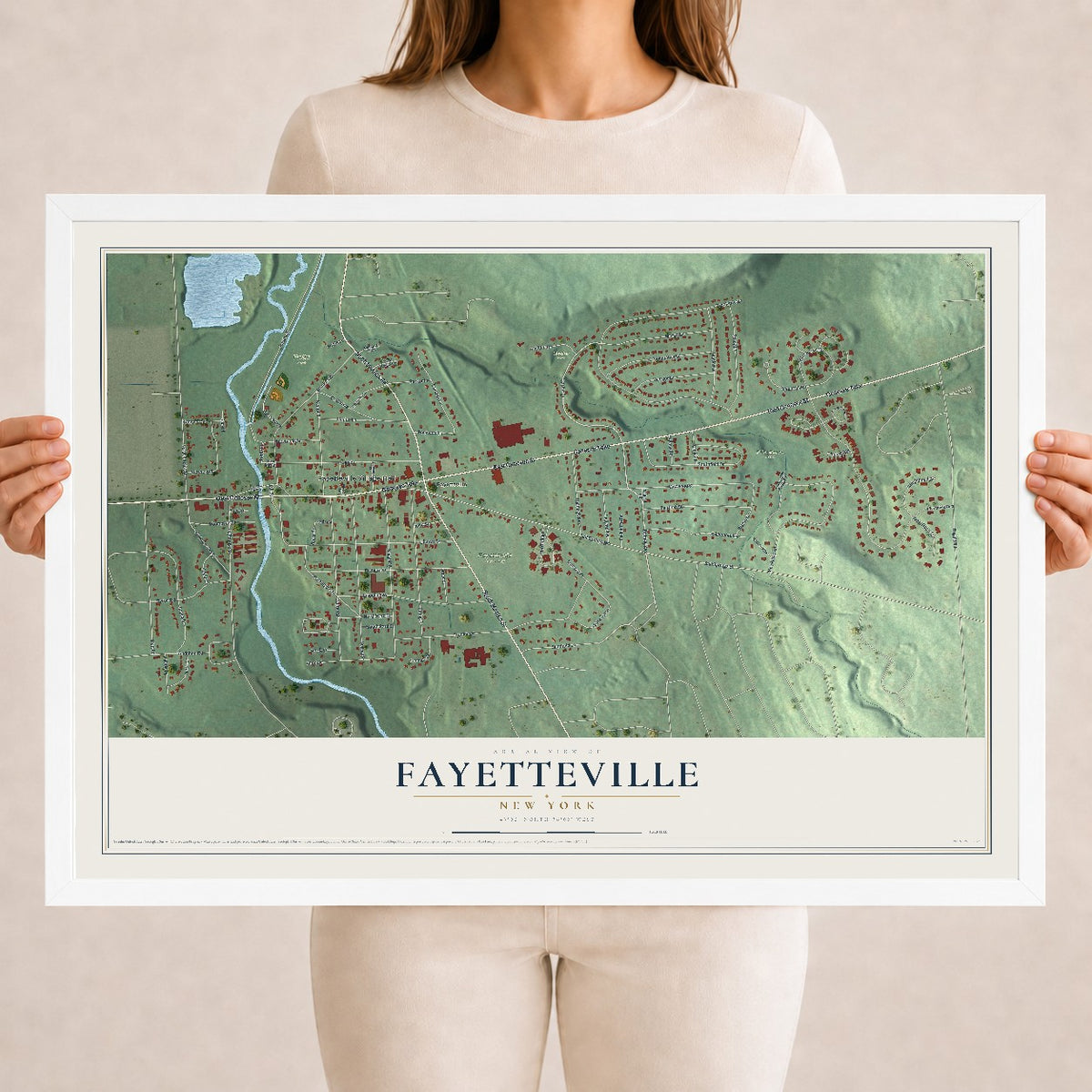 Fayetteville, New York map print, 18" x 24" W/ White Ayous Wood Frame mockup
