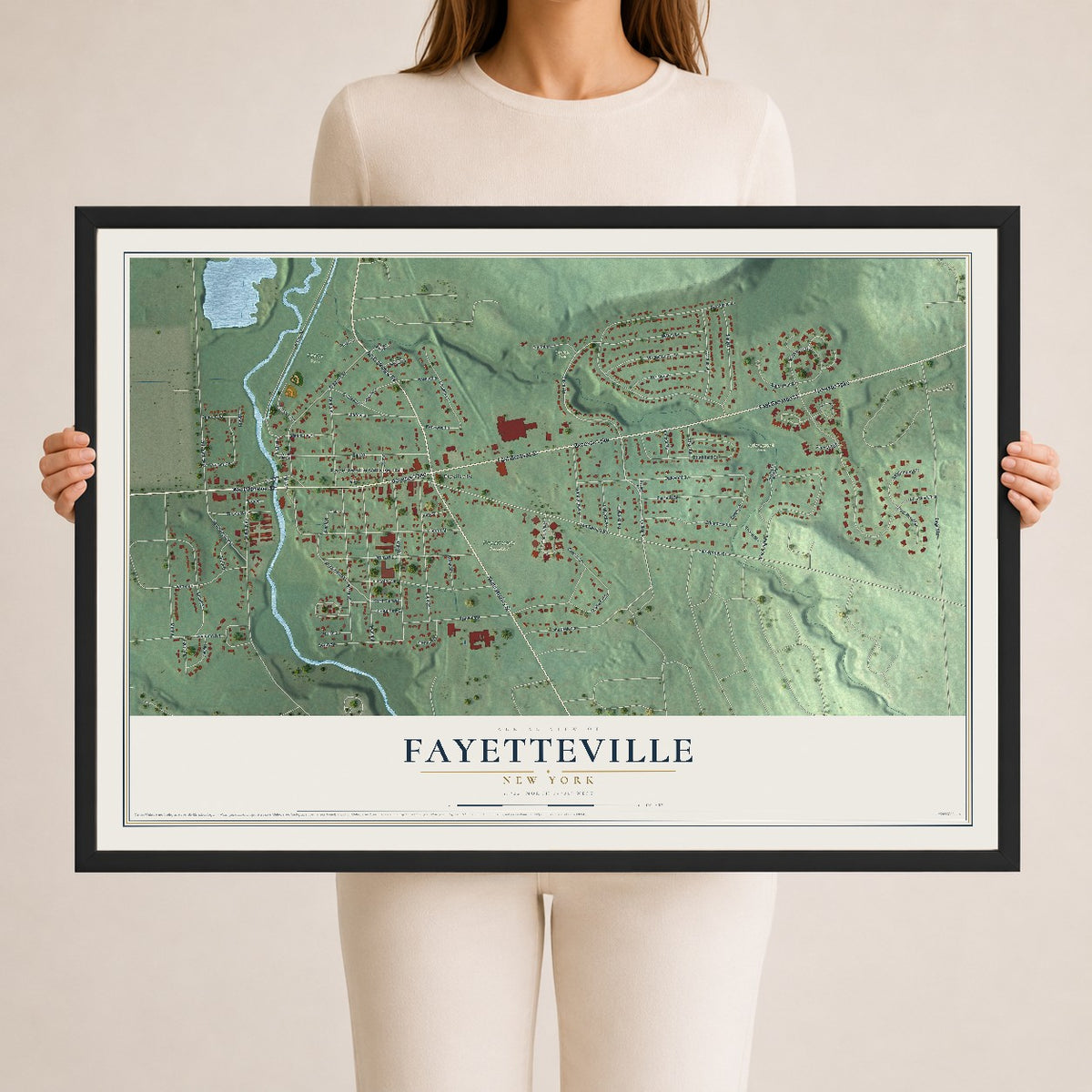 Fayetteville, New York map print, 24" x 36" W/ Black Ayous Wood Frame mockup