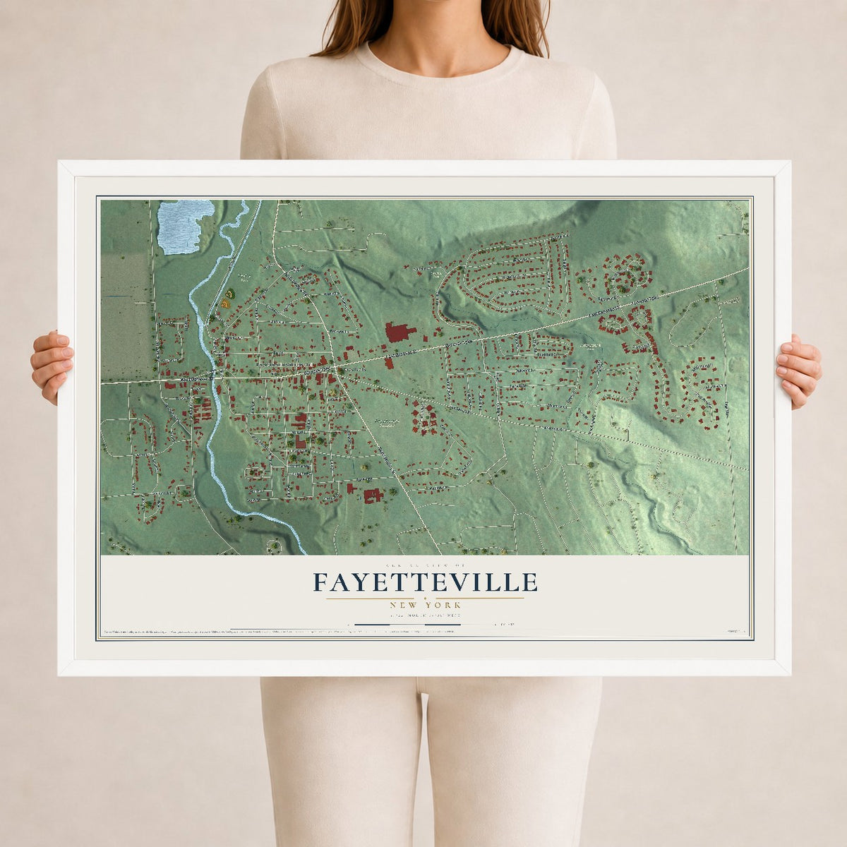 Fayetteville, New York map print, 24" x 36" W/ White Ayous Wood Frame mockup