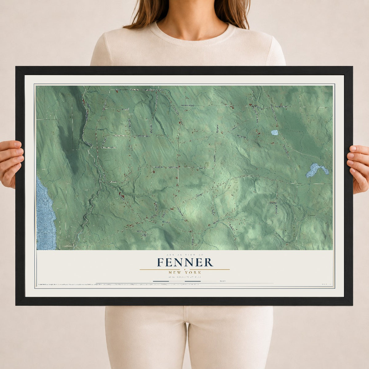Fenner, New York map print, 18" x 24" W/ Black Ayous Wood Frame mockup