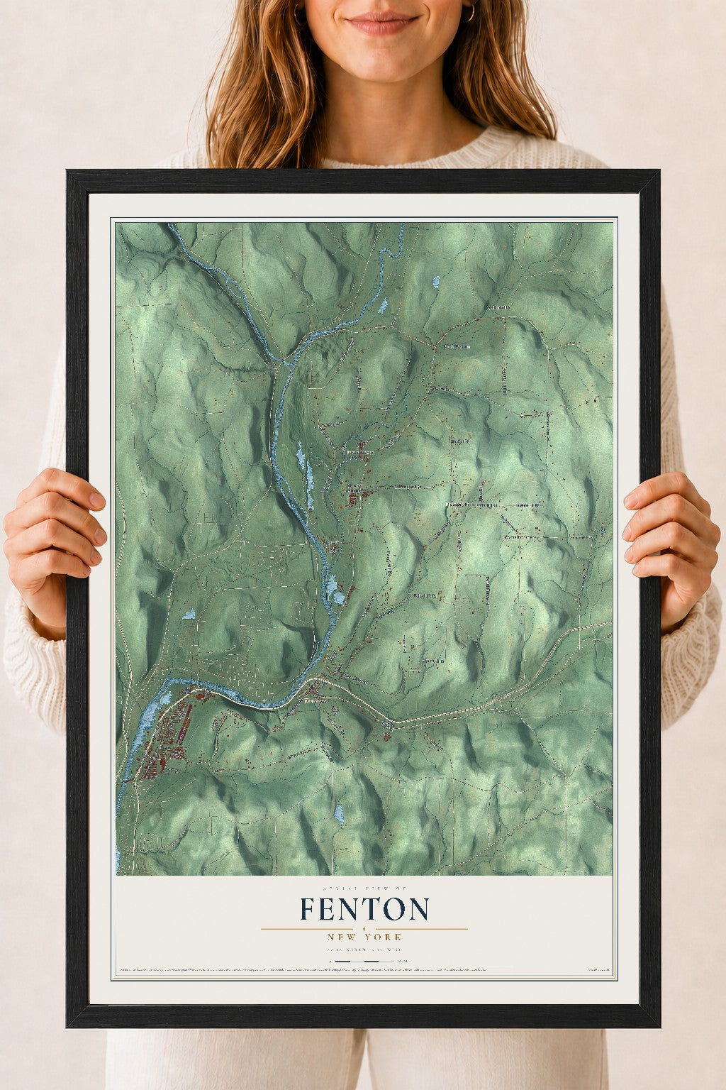 Fenton, New York map print, 18" x 24" W/ Black Ayous Wood Frame mockup