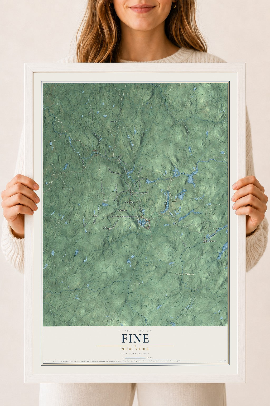Fine, New York map print, 18" x 24" W/ White Ayous Wood Frame mockup