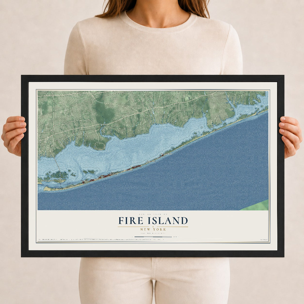 Fire Island, New York map print, 12" x 18" W/ Black Ayous Wood Frame mockup