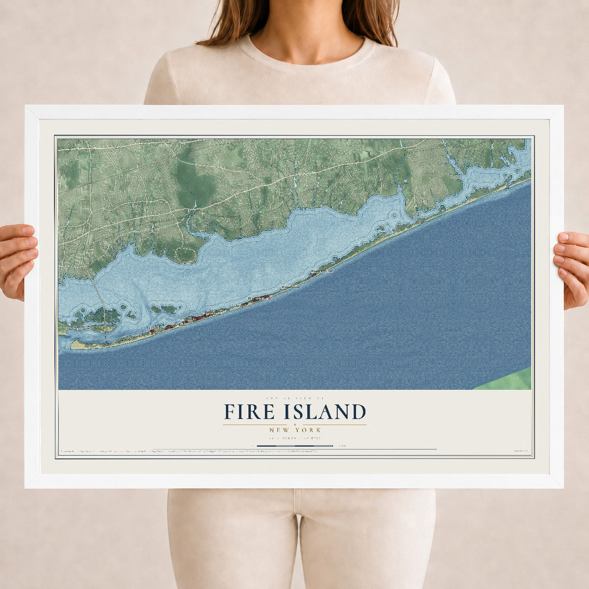 Fire Island, New York map print, 18" x 24" W/ White Ayous Wood Frame mockup