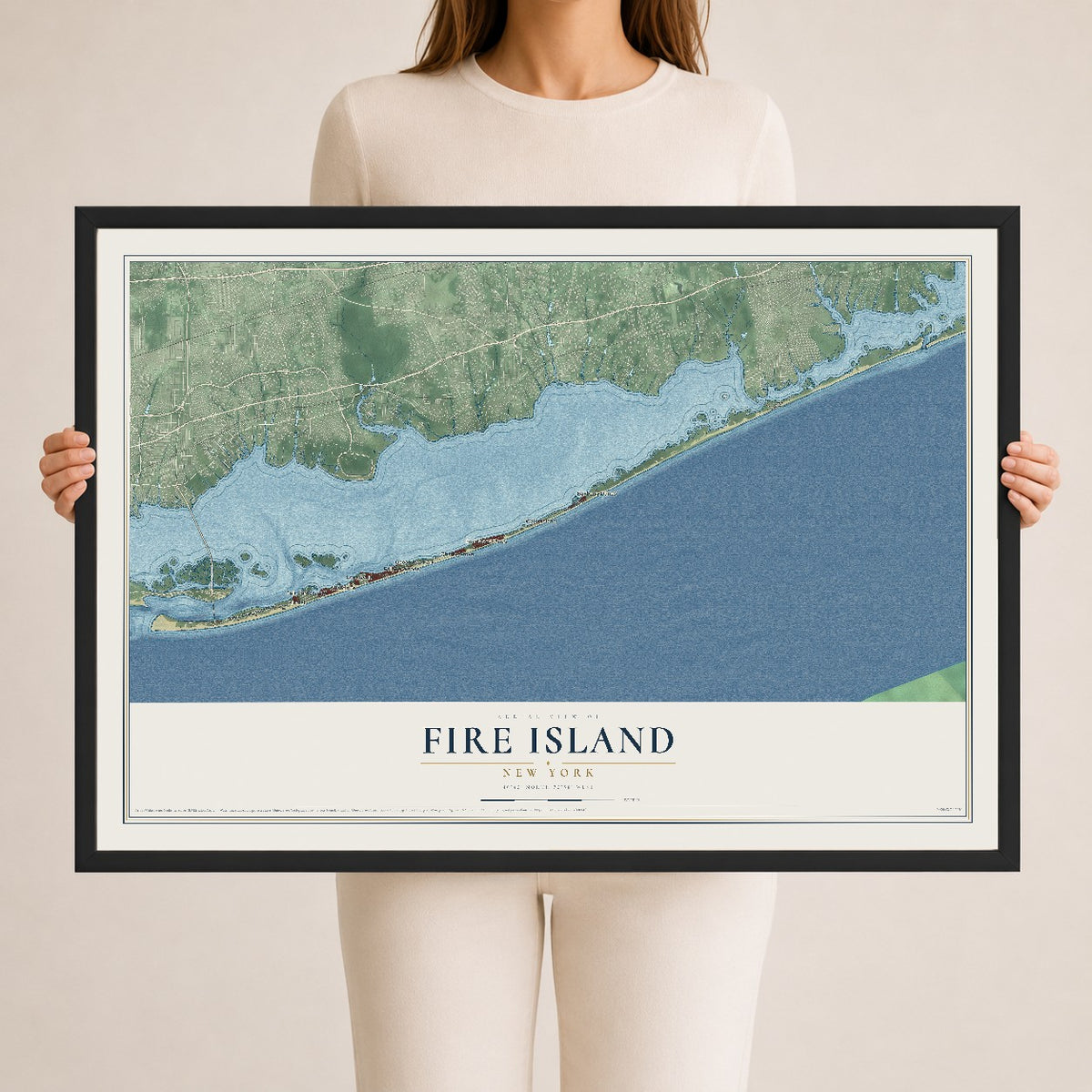 Fire Island, New York map print, 24" x 36" W/ Black Ayous Wood Frame mockup
