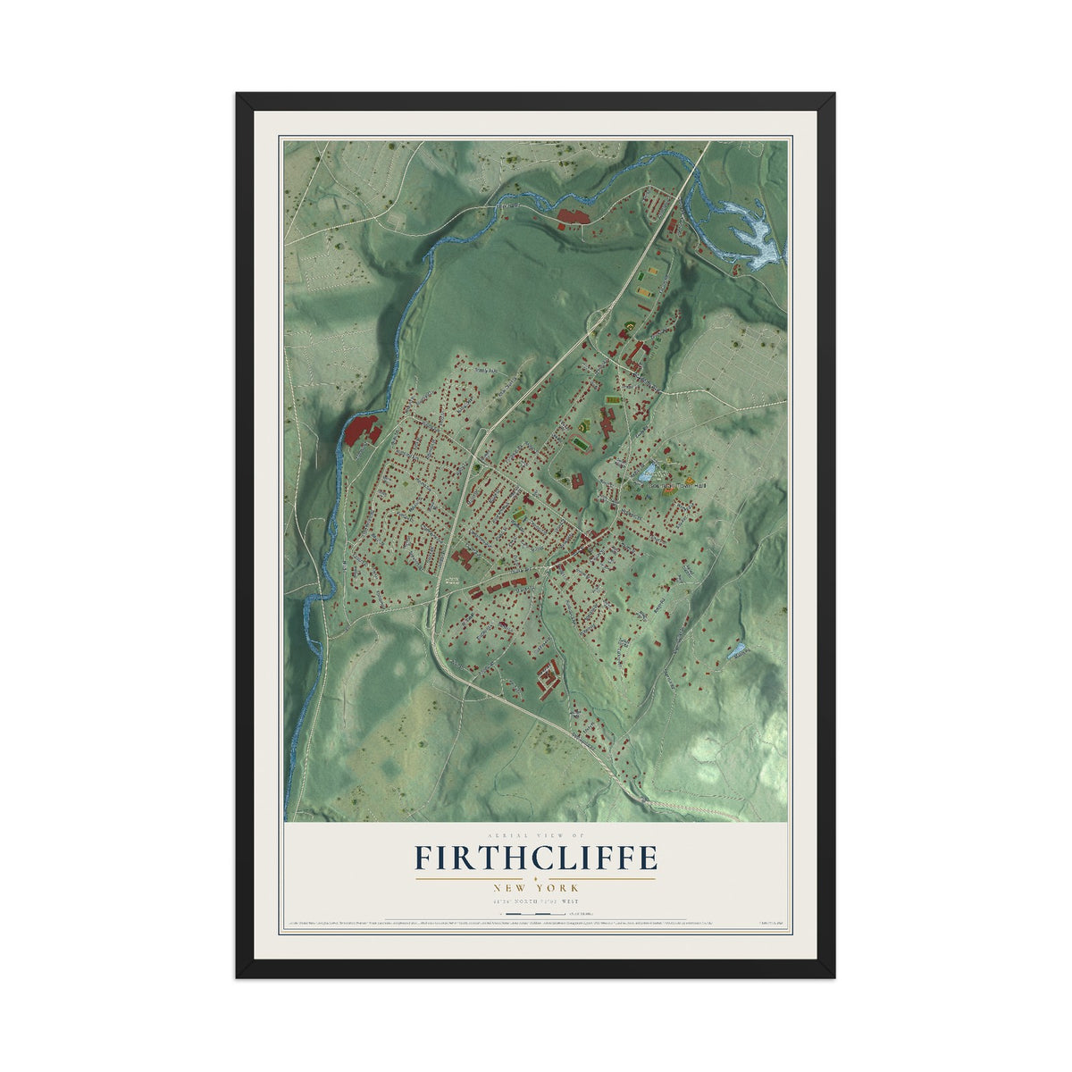 Firthcliffe, New York map print, 12" x 18" W/ Black Ayous Wood Frame mockup