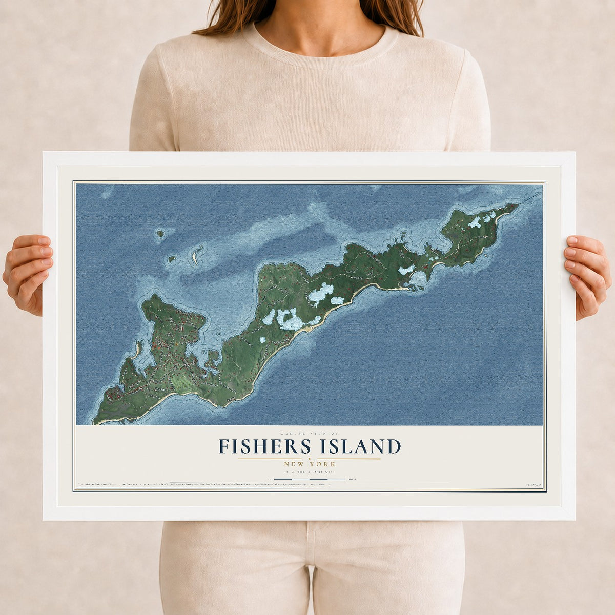 Fishers Island, New York map print, 12" x 18" W/ White Ayous Wood Frame mockup