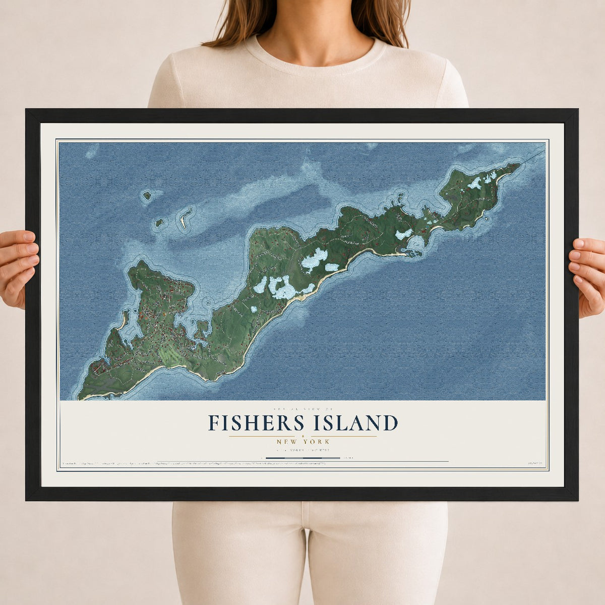 Fishers Island, New York map print, 18" x 24" W/ Black Ayous Wood Frame mockup