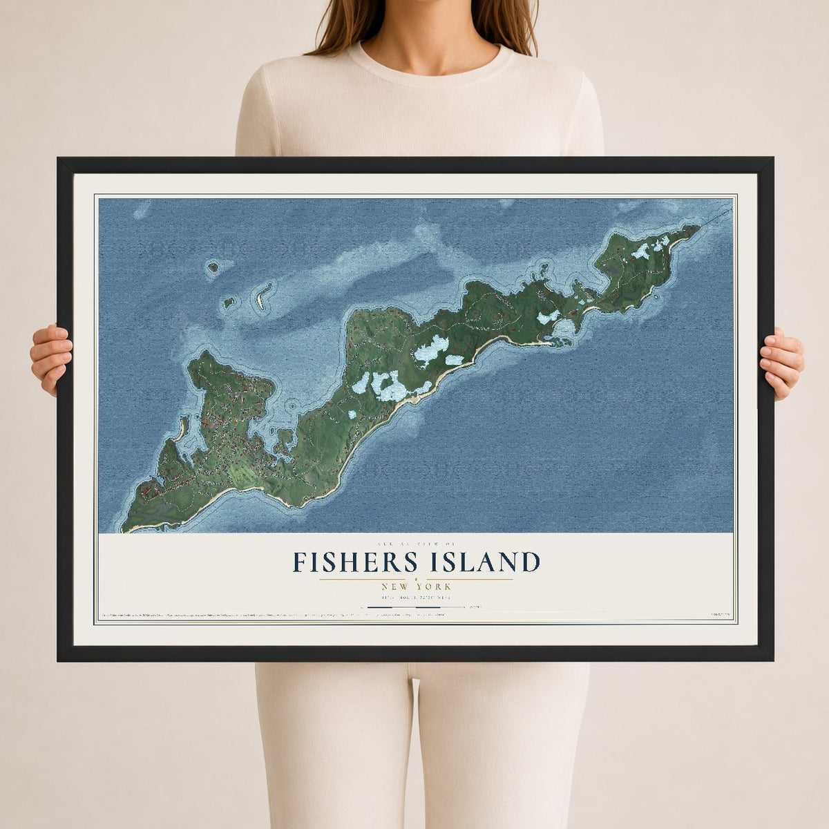 Fishers Island, New York map print, 24" x 36" W/ Black Ayous Wood Frame mockup