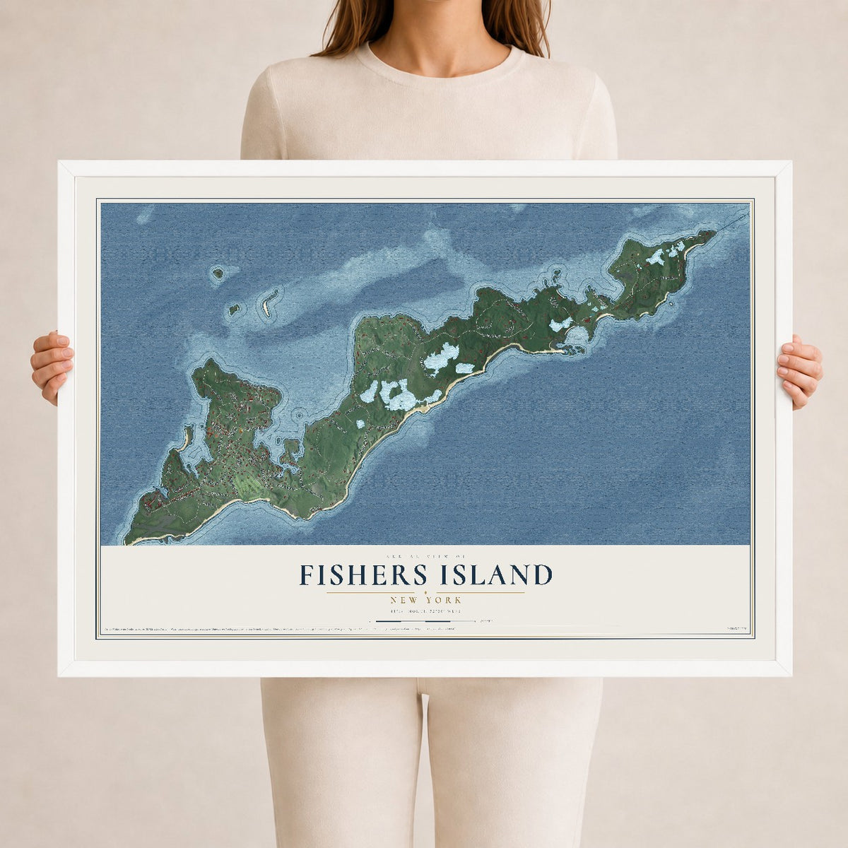 Fishers Island, New York map print, 24" x 36" W/ White Ayous Wood Frame mockup