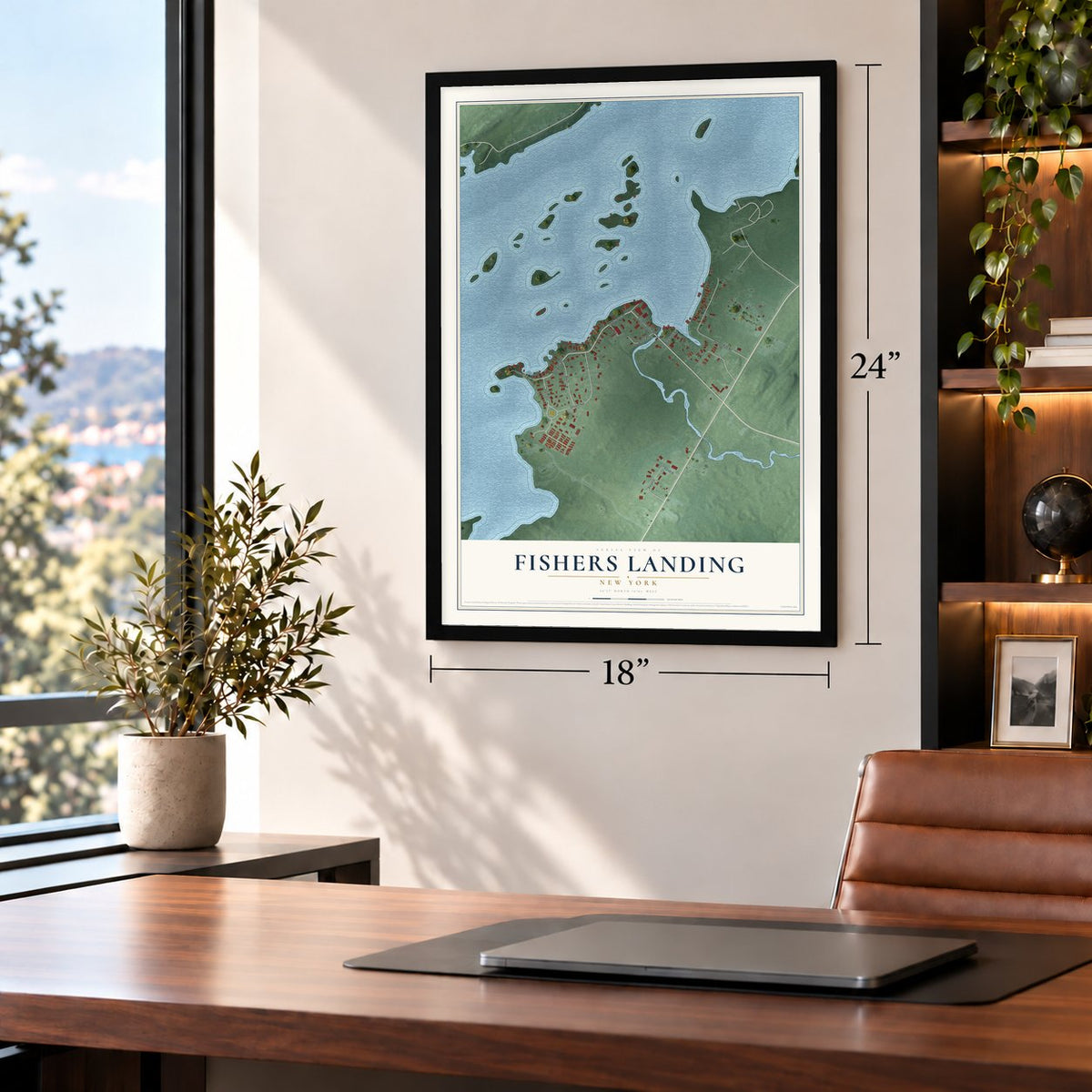 Fishers Landing, New York map, 18 x 24 inch print in a black frame in a home office