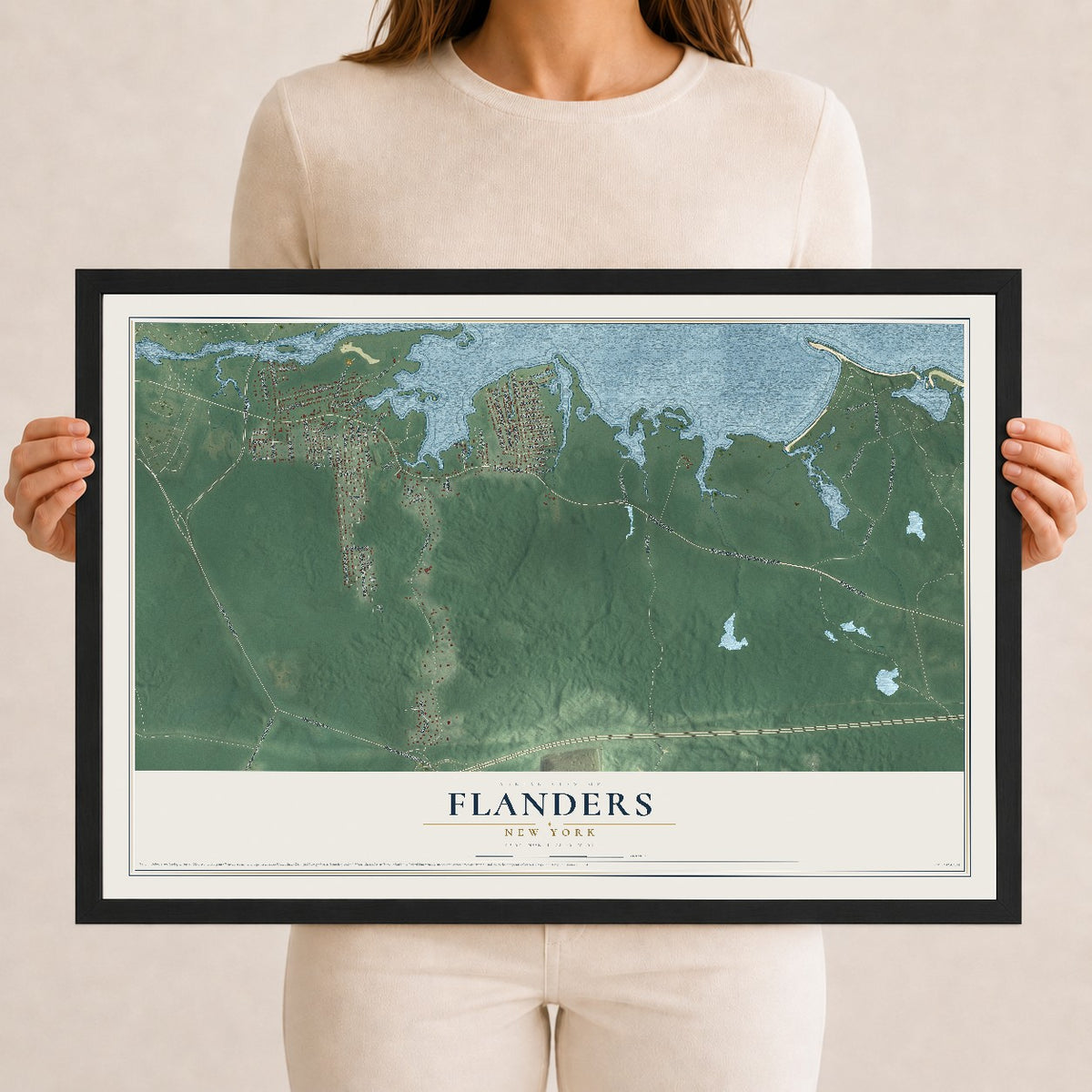 Flanders, New York map print, 12" x 18" W/ Black Ayous Wood Frame mockup