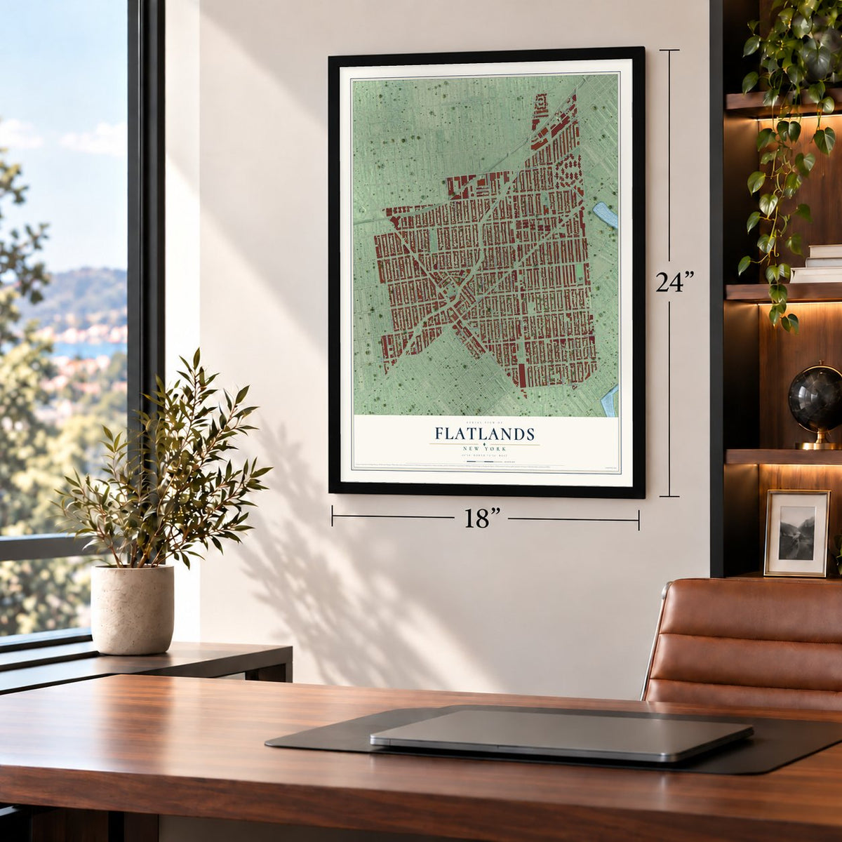 Flatlands, New York map, 18 x 24 inch print in a black frame in a home office