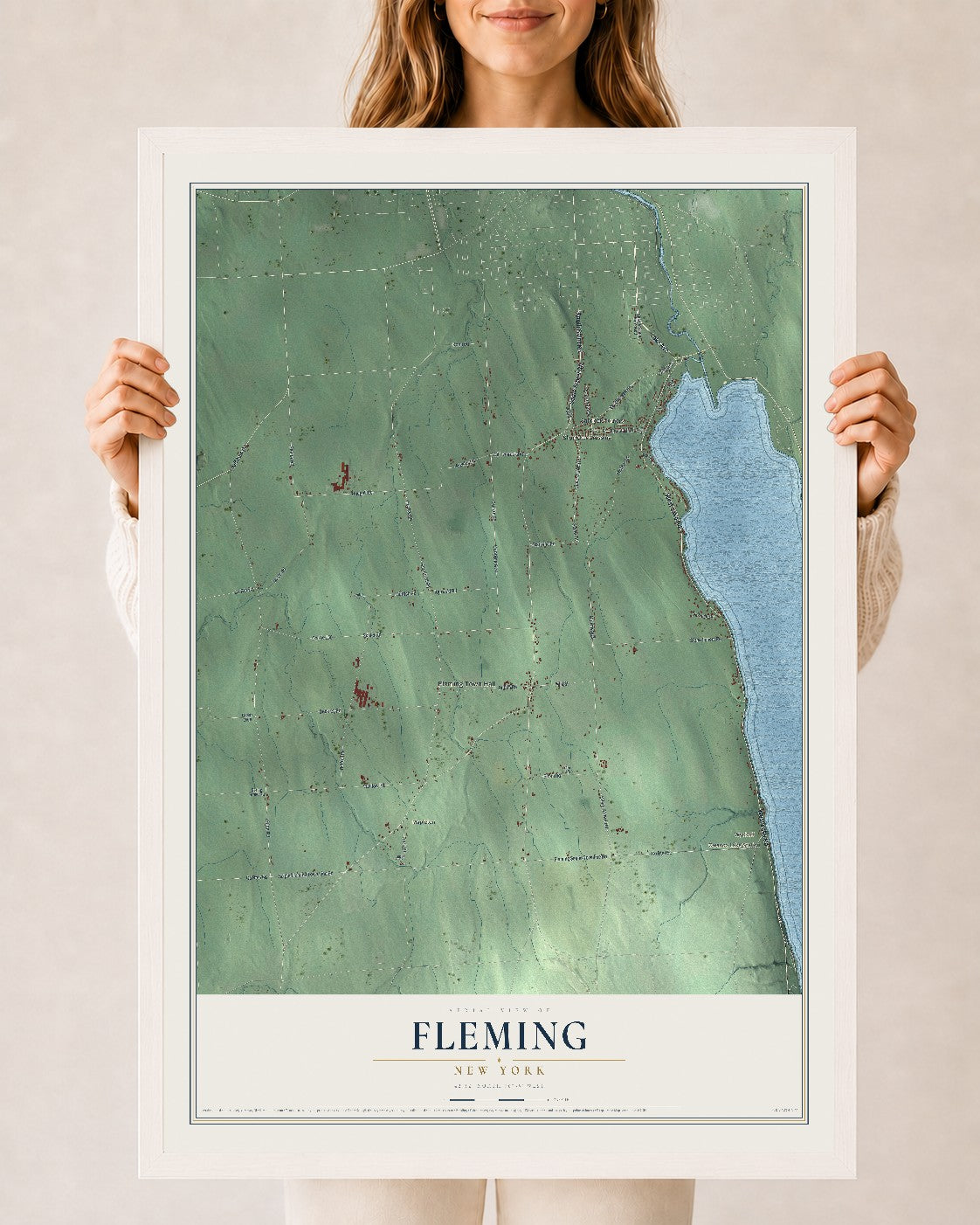 Fleming, New York map print, 24" x 36" W/ White Ayous Wood Frame mockup