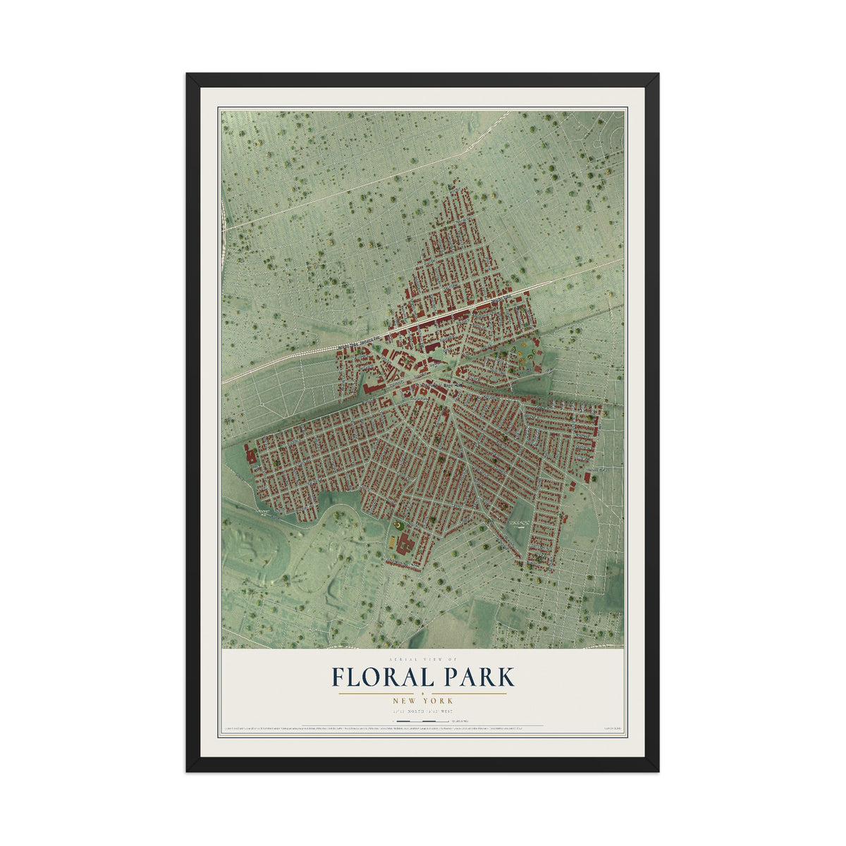 Floral Park, New York map print, 12" x 18" W/ Black Ayous Wood Frame mockup
