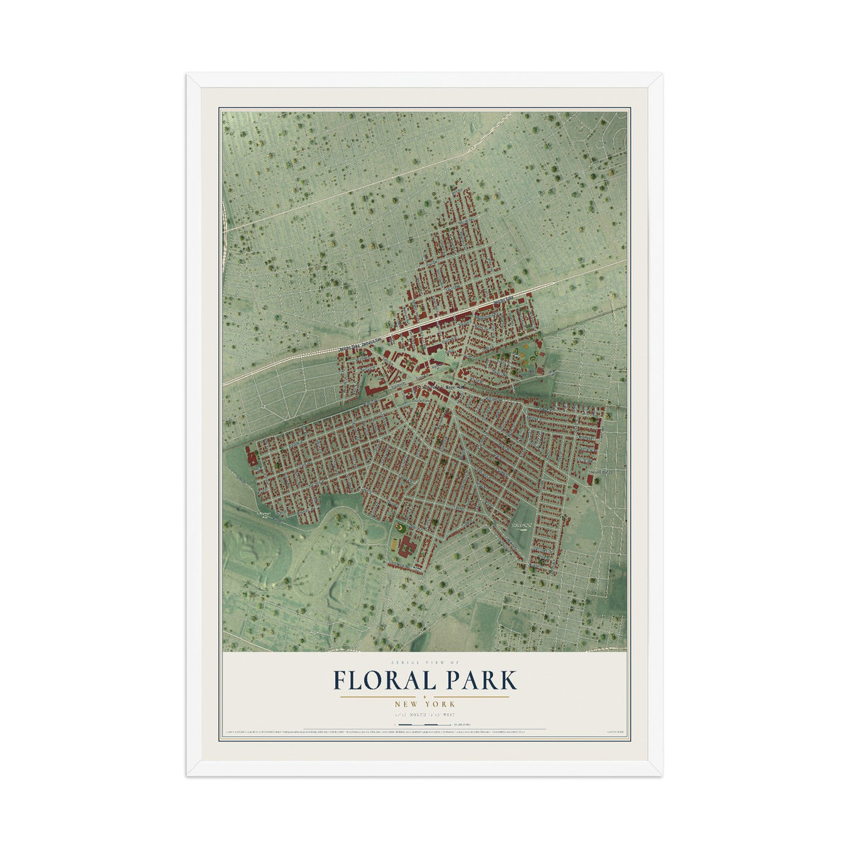 Floral Park, New York map print, 12" x 18" W/ White Ayous Wood Frame mockup