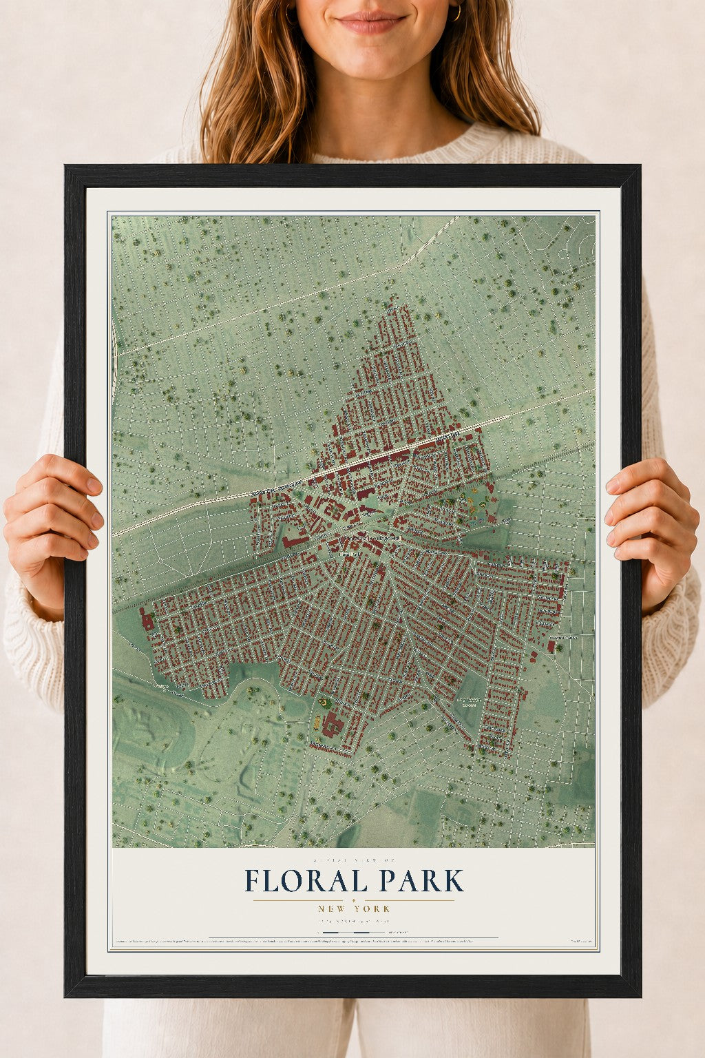 Floral Park, New York map print, 18" x 24" W/ Black Ayous Wood Frame mockup
