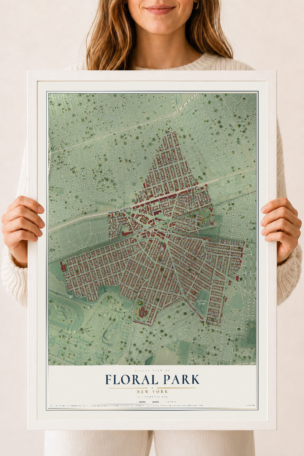 Floral Park, New York map print, 18" x 24" W/ White Ayous Wood Frame mockup