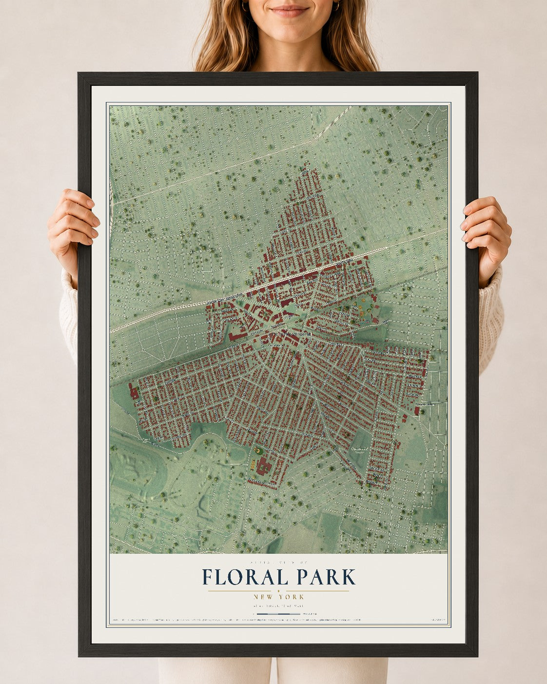 Floral Park, New York map print, 24" x 36" W/ Black Ayous Wood Frame mockup