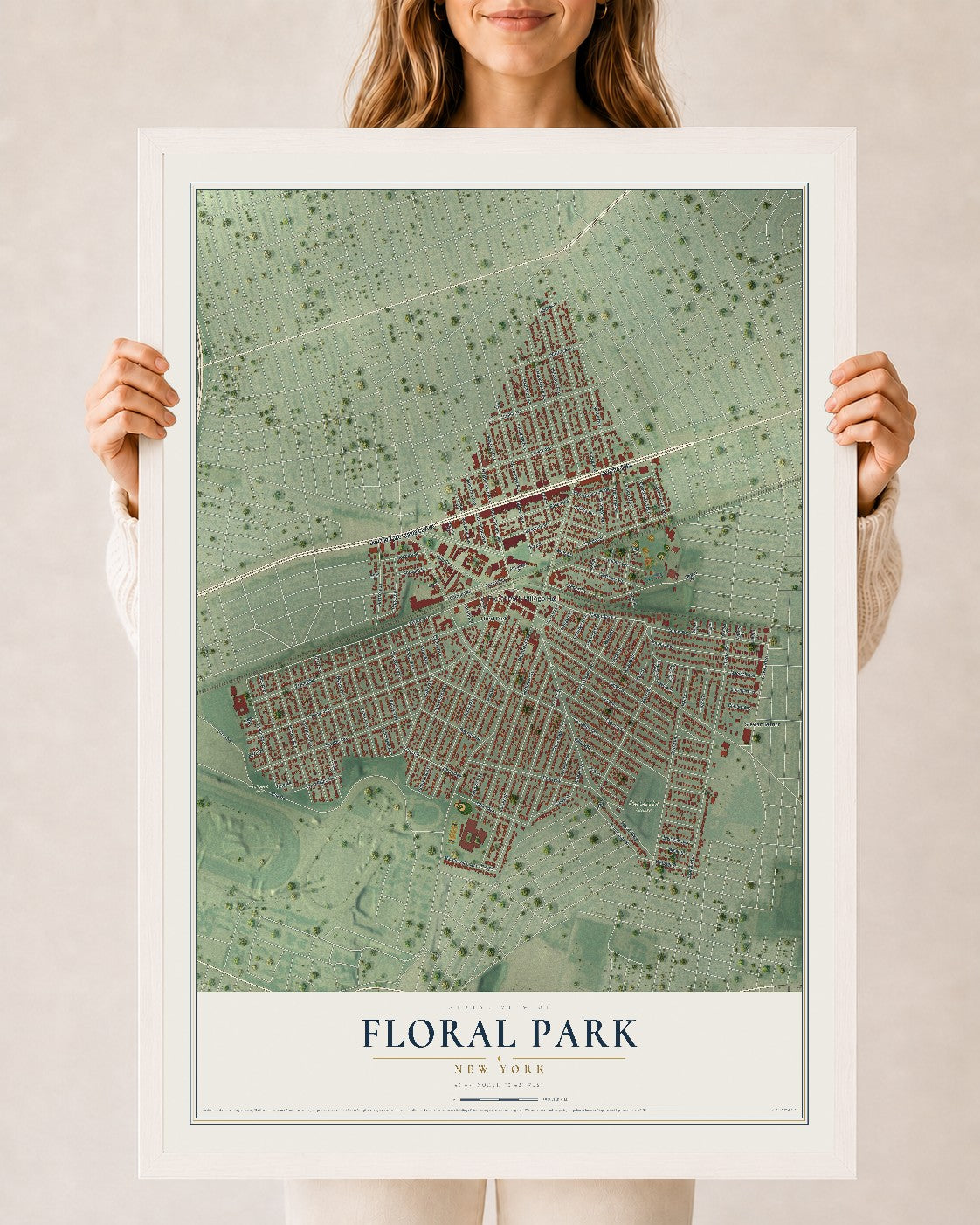 Floral Park, New York map print, 24" x 36" W/ White Ayous Wood Frame mockup
