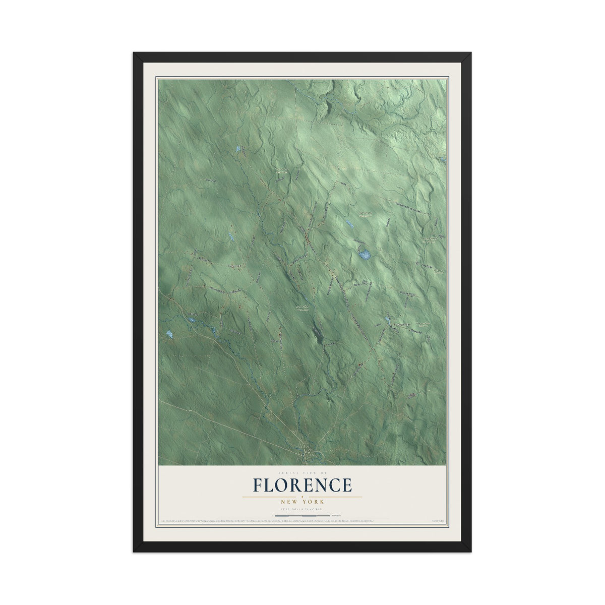 Florence, New York map print, 12" x 18" W/ Black Ayous Wood Frame mockup