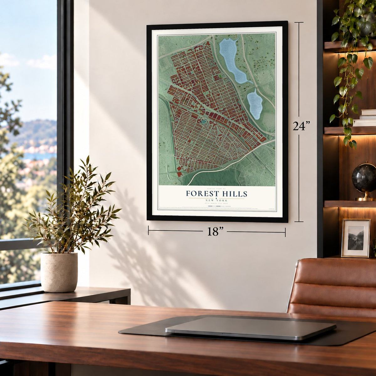 Forest Hills, New York map, 18 x 24 inch print in a black frame in a home office