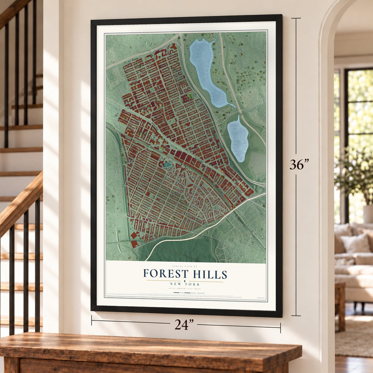 Forest Hills, New York map, 24 x 36 inch print in a black frame by a staircase