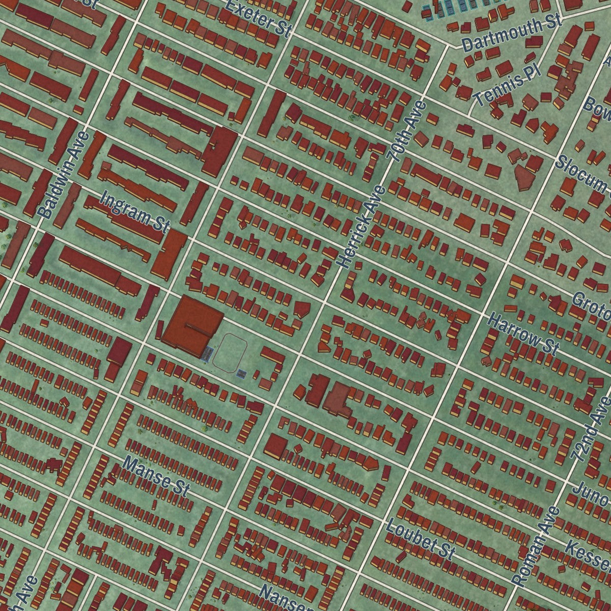 Close-up of the map of Forest Hills, New York print showing street and building detail