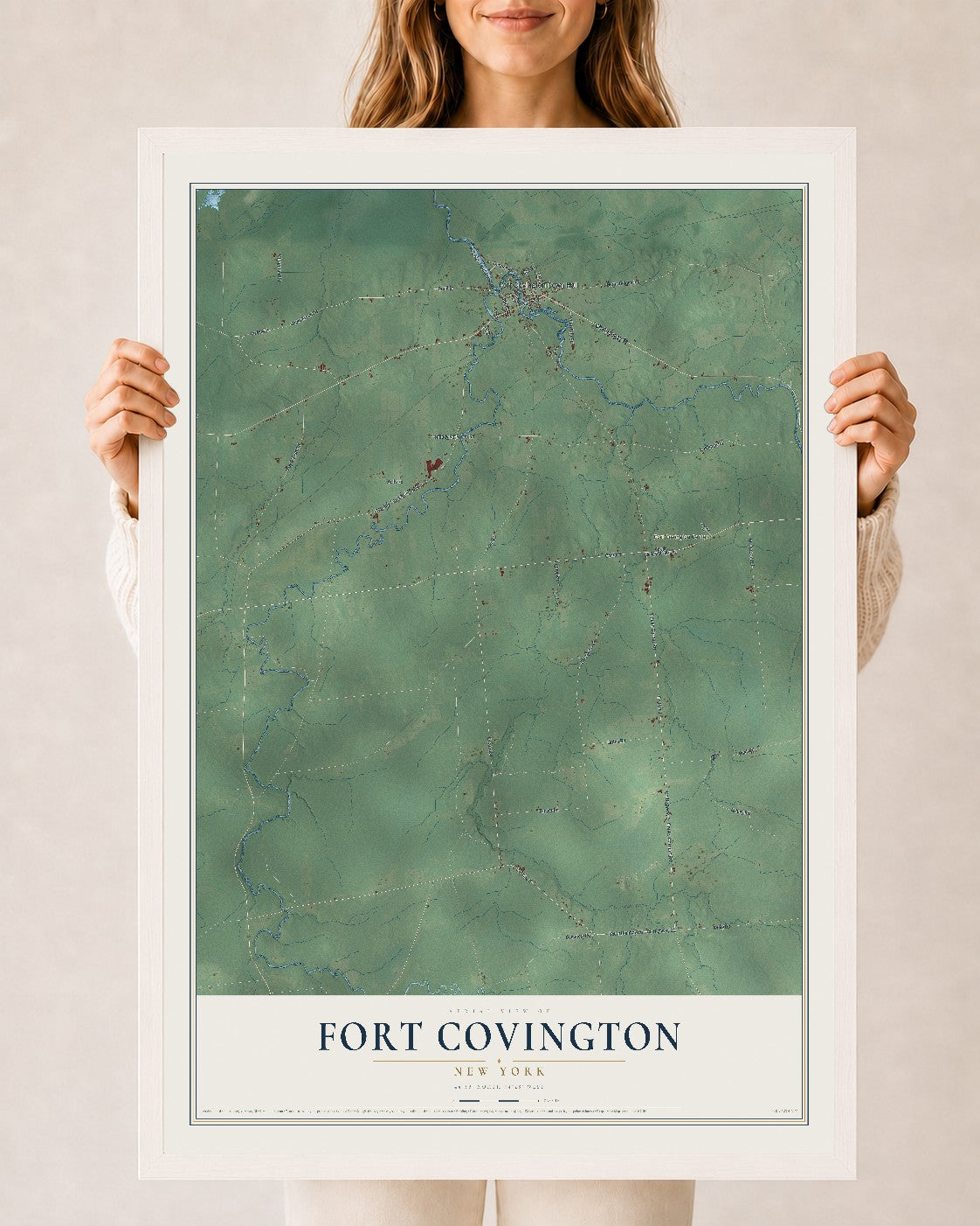 Fort Covington, New York map print, 24" x 36" W/ White Ayous Wood Frame mockup